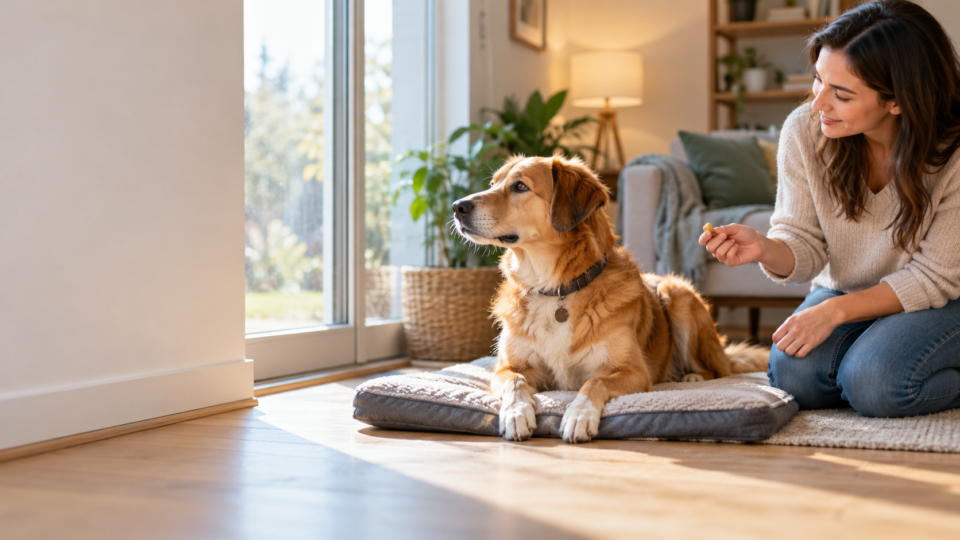 Dog resting calmly on a training mat while its owner uses positive reinforcement to help stop excessive barking.